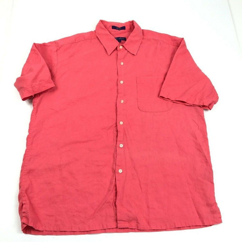 Alan Flusser Mens Button Up Shirt 100% Linen Short Sleeve Orange Pocket L Large